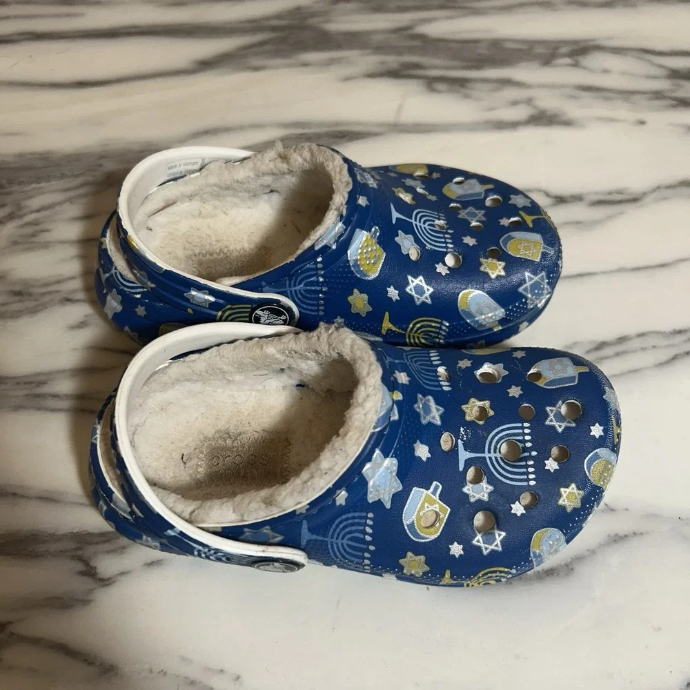 Crocs‎ Classic Lined Hanukkah Clogs Child Size C10 Blue Slip On Shoes Toddler